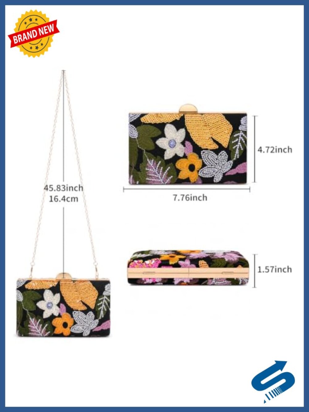 Beaded Floral Evening Clutch with Gold Chain Strap - Picture 3 of 5